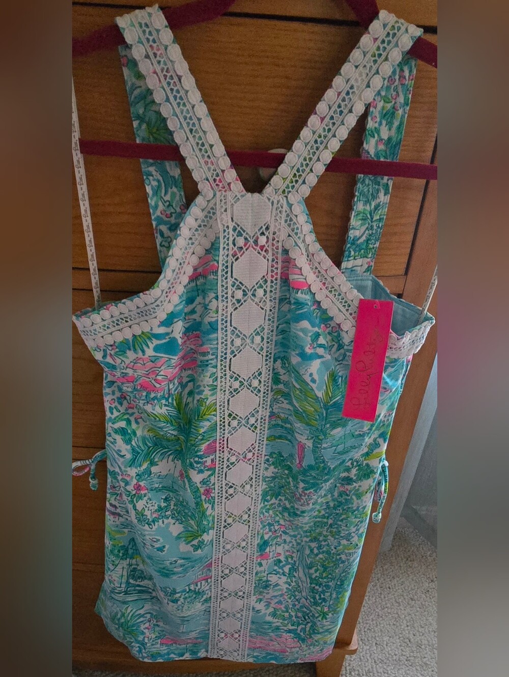 Women's Lily Pulitzer Aqua Tropical Print Tank Dress w/ Lace Trim, Women's Sz 2